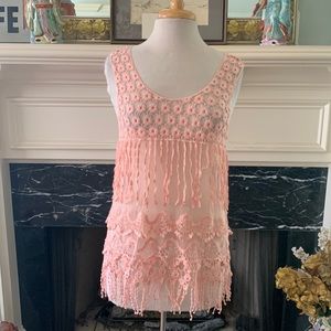 NWT sheer lace with crochet fringe pink tank